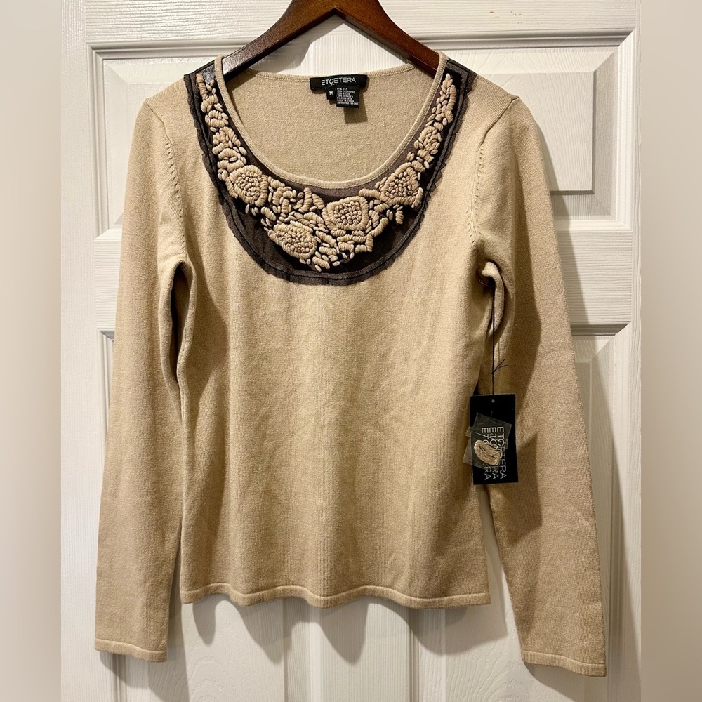 Etcetera M Silk Cashmere Tan Sweater Sheer Black Embroidered Detail R $275 - Picture 3 of 12